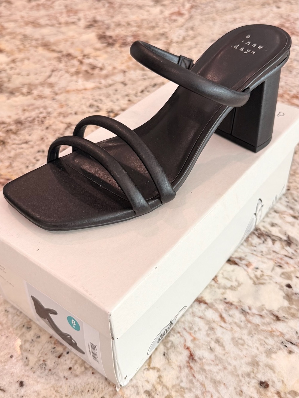 a new day Black Triple-Strap Square-Toe Block Heel Sandals